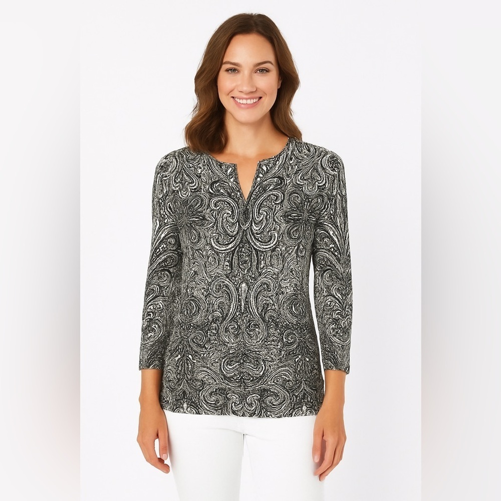 Coolibar UPF 50+ St Lucia tunic top paisley 3/4 sleeves black white XS